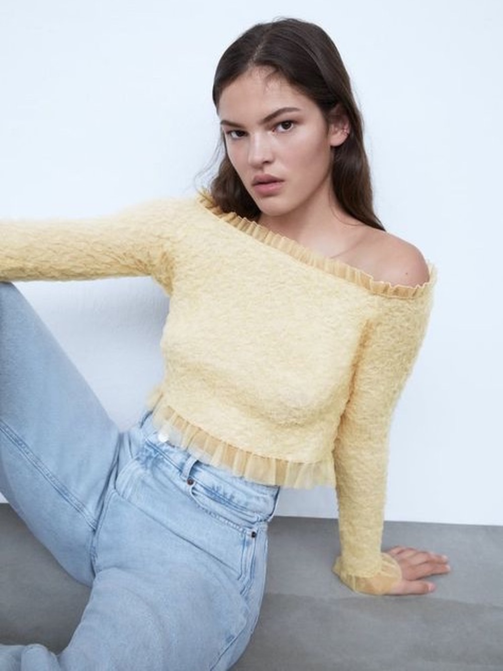 Zara Peach-Cream Off-the-Shoulder Tulle-Trim Long Sleeve Blouse NWT